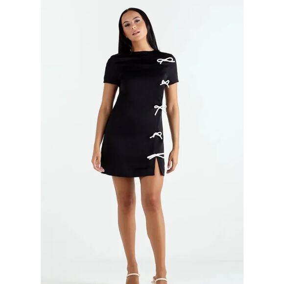 NEW One Loved Babe Asymmetric Bow Tie Short Sleeve Black Mini Dress Retro Pin Up - Picture 1 of 5